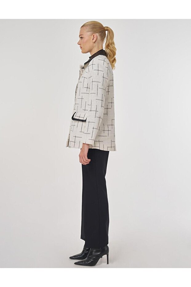 Leather Collar Patterned Jacket Ecru - 4