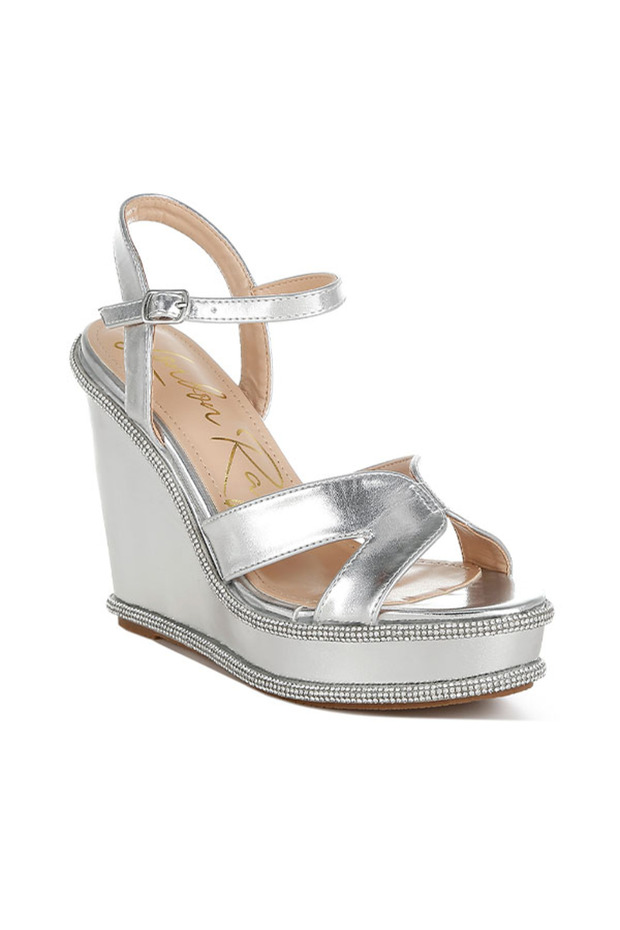 Women Rhinestones Embellished Wedge Sandals in Silver
