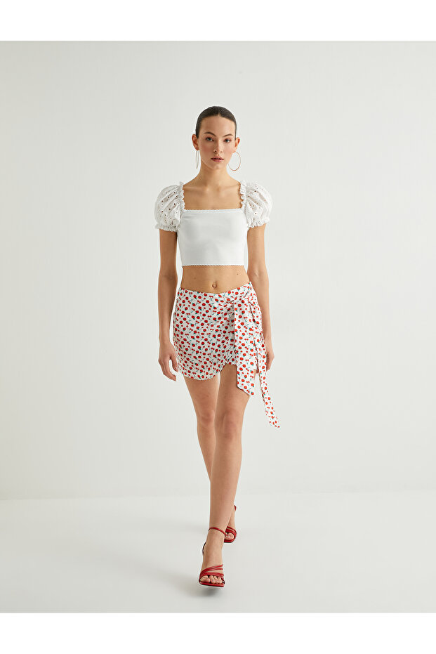 Fruit Patterned Mini Skirt with Tie Detail