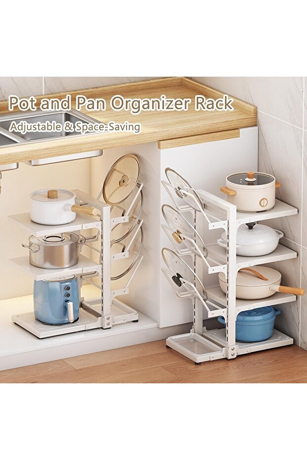 3-Tier Adjustable Pot and Pan Organizer Rack - Anti-Tip, Multi-Use Storage