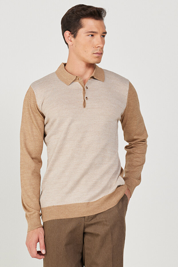 Camel-Ecru Wool Standard Fit Regular Cut Polo Neck Jacquard Knitwear Sweater