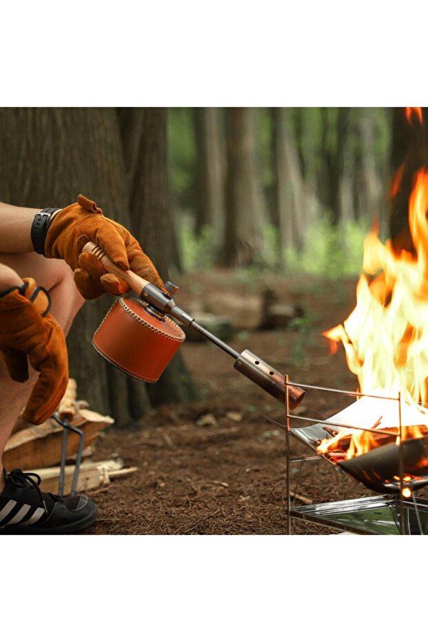 Portable Camping Fire Blower Torch with Wooden Handle for BBQ, Campfire Ignition & Outdoor Use