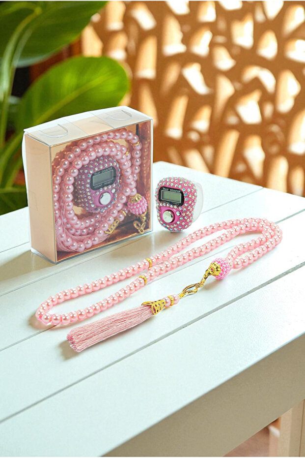 Gift Stone Zikirmatik and 99 Pearl Prayer Beads Set in Box - Pink