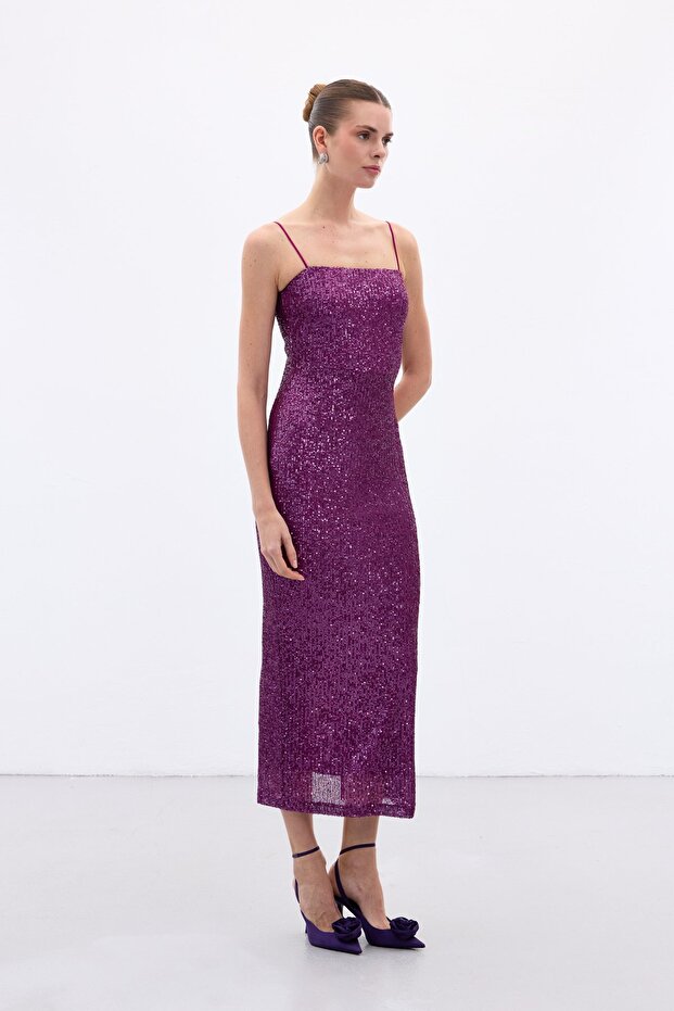 Long Sequin Dress with Straps - Plum