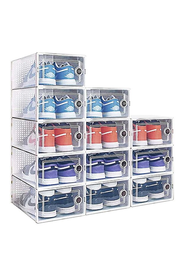 12 Pack Plastic Stackable Shoe Box Organizer, Clear Foldable Shoe Storage Box (White)