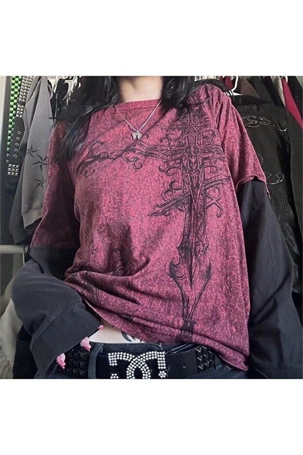 Gothic Punk Vintage Black Long Sleeve Burgundy Tribal Unisex Tshirt