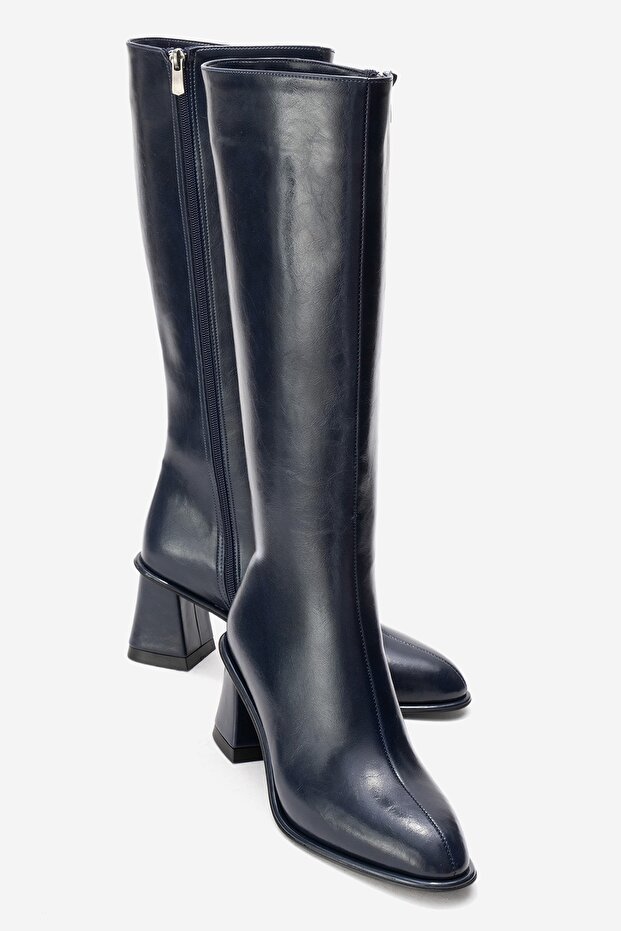 Paradis Navy Blue Leather Women's Thick Heeled Boots
