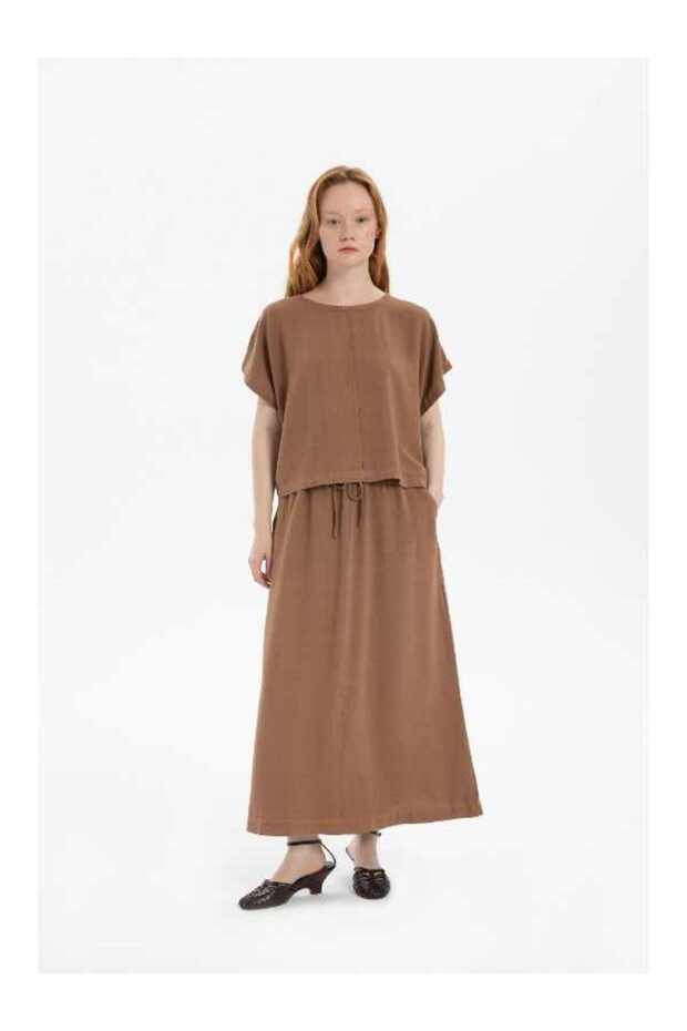 Linen Blend A-Line Midi Skirt Brown