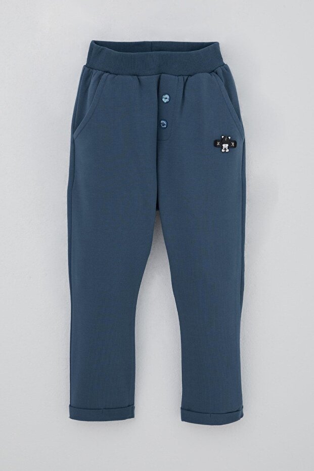 Baby Boy Sweatpants with Teddy Bear Embroidery, Pack of Button Accent for 9 Months-3 Years, Indigo
