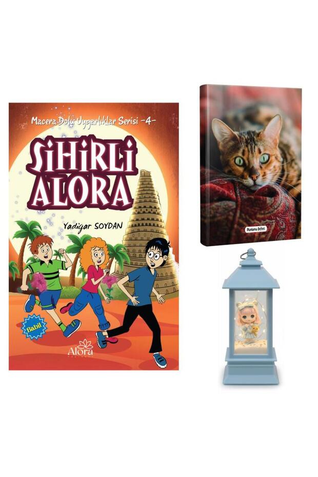 Sihirli Alora - Confused Cat Planning Notebook and Girl with Teddy Bear Lantern Type Light-Up Snow Globe