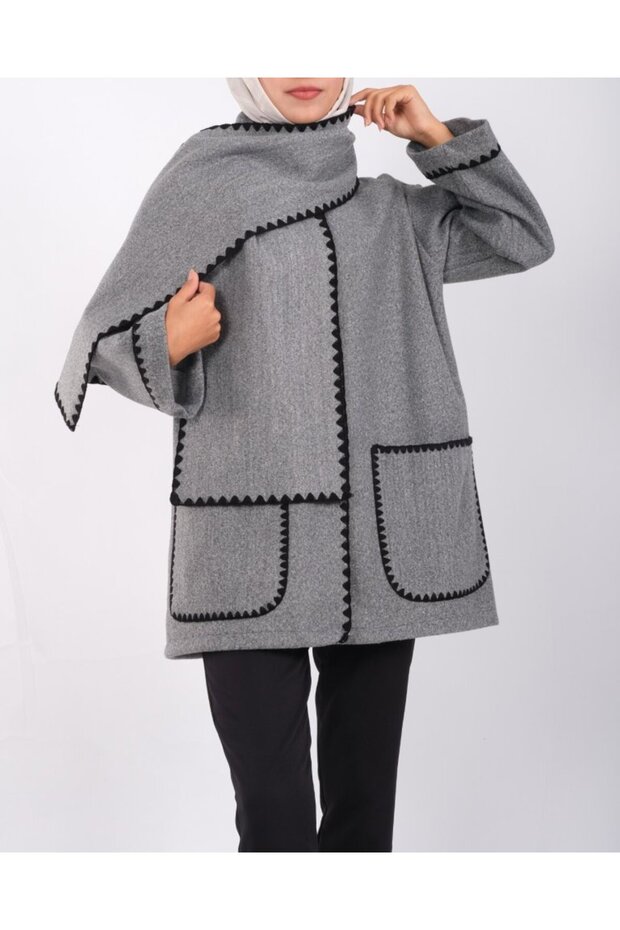 سترة بأزرار أمامية وجيب مزود بحاشية - رمادي - 1