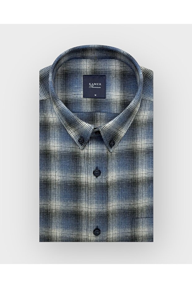 Regular Fit Winter Long Sleeve Button-Up Collar Plaid Blue Shirt 4042m