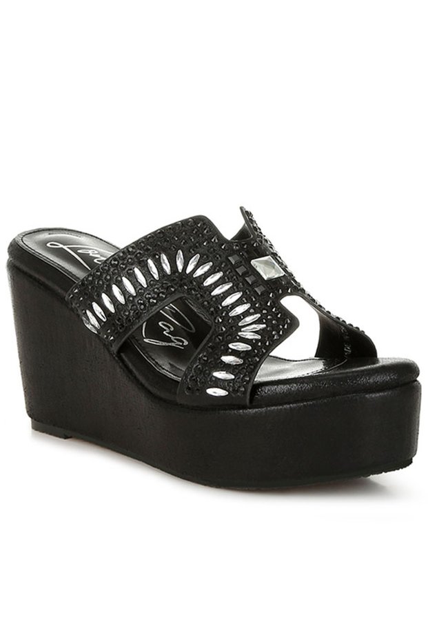 Women Diamante & Rhinestone Detail Cut-Out Sandals in Black
