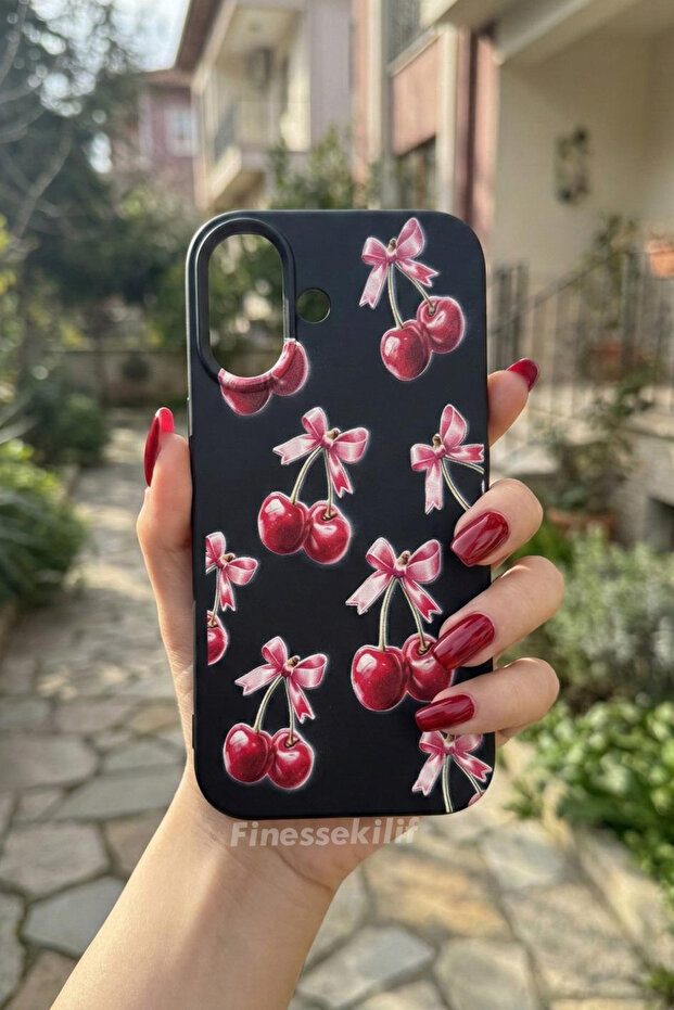 حافظة متوافقة مع هاتف iPhone 16 بتصميم الكرز مطبوع باللون الأسود - 1