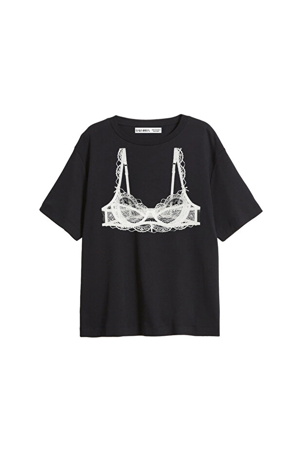 Black Bra Printed Relaxed Fit Black Women's Tshirt