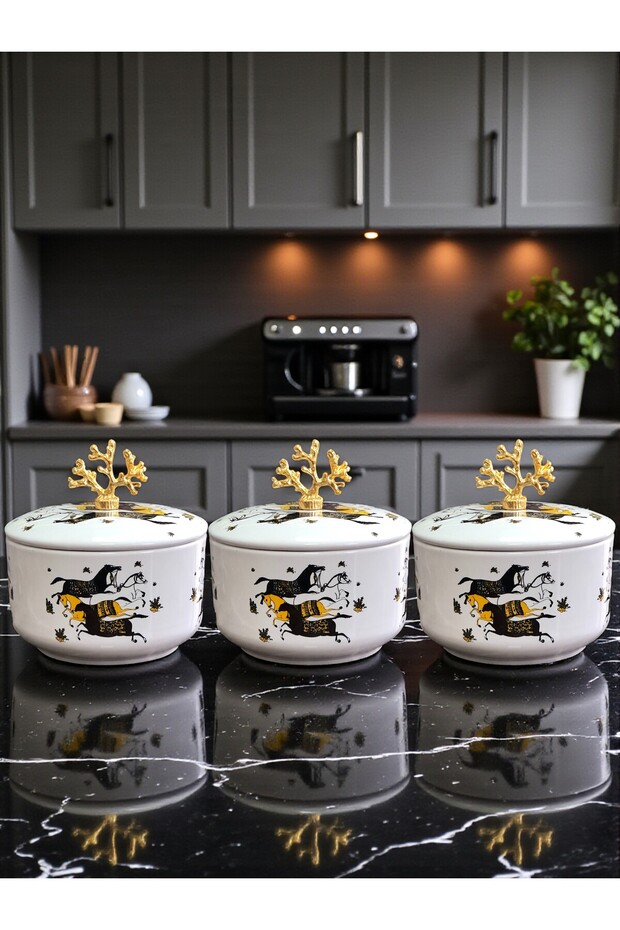Kitchen Accessory 3-Piece Breakfast Storage Container Spice Rack Dark Herm Horse Pattern Gold - Feray Home