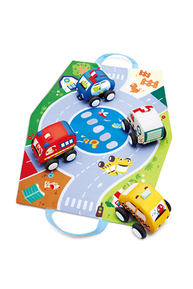 Pull-Back Plush Car Set – 4 Soft Vehicles with Play Mat 6M+
