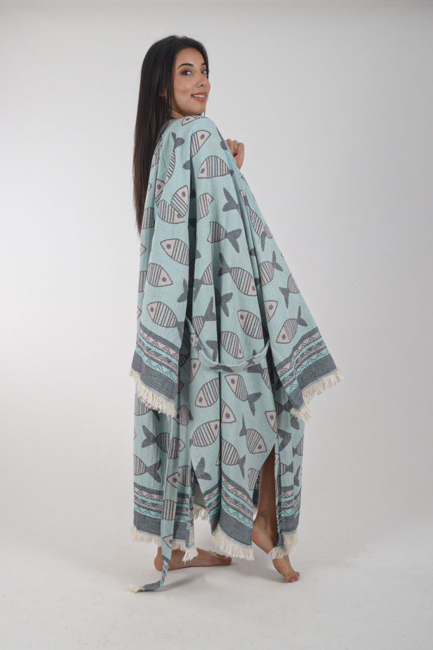 Kimono Kaftan Fish Patterned 1 Piece Bohemian Bathrobe Unisex Jacquard 3 Layers Muslin Fabric