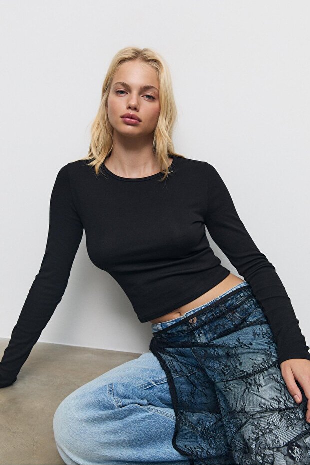 Basic uzun kollu pamuklu tişört - 2