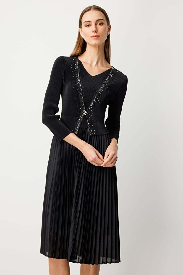 Eteği Piliseli Taş İşlemeli Elbise - 3