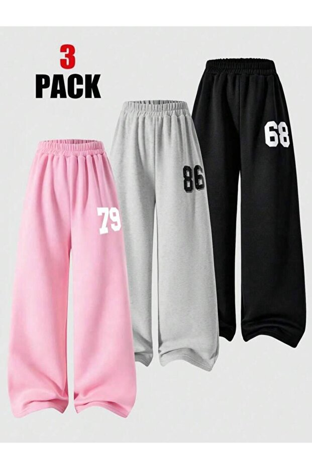 MORNİNG KİDS Kız Çocuk 3'lü Paket Baggy Kalıp 68-86-79 Baskılı Eşofman Altı (Siyah-Gri-Pembe)