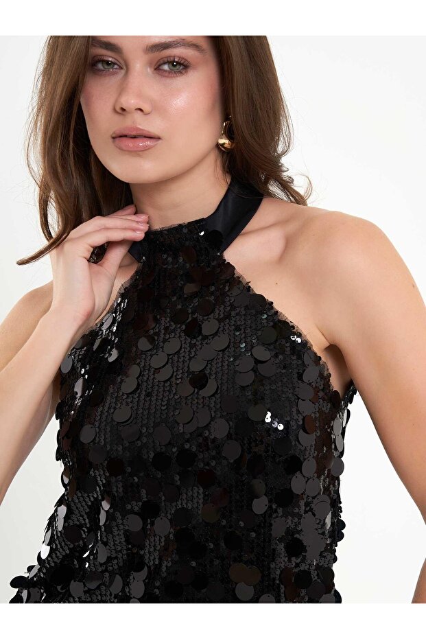 111653 Pullu Payet Mini Elbise Siyah - 8