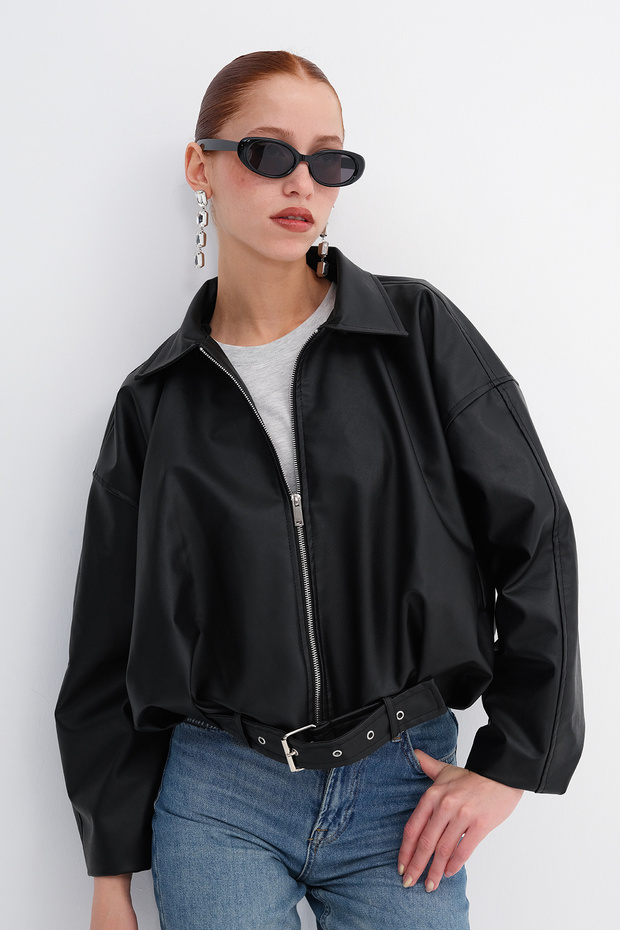 Faux Leather Belted Bomber Jacket C3137
