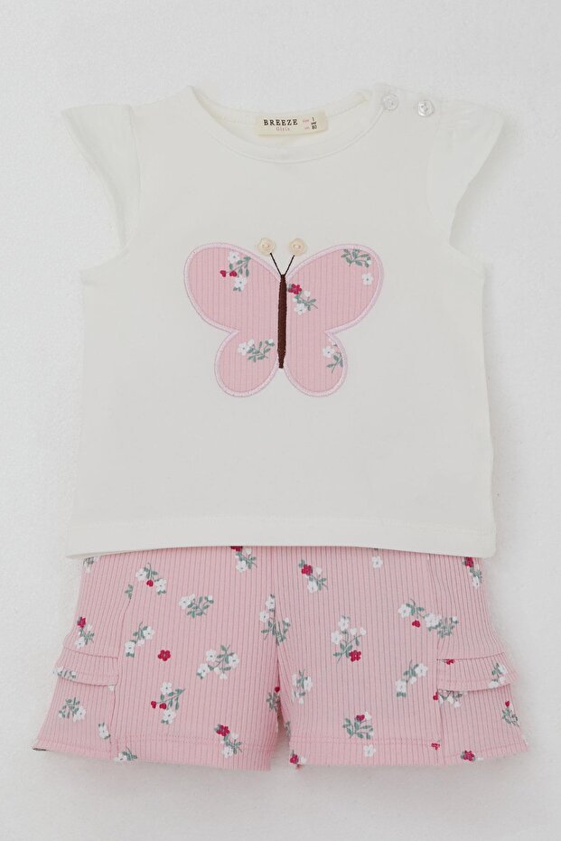 Baby Girl Shorts Set Flower Printed Butterfly Embroidered Button Accent Pieces 6 Months-2 Years, Ecru
