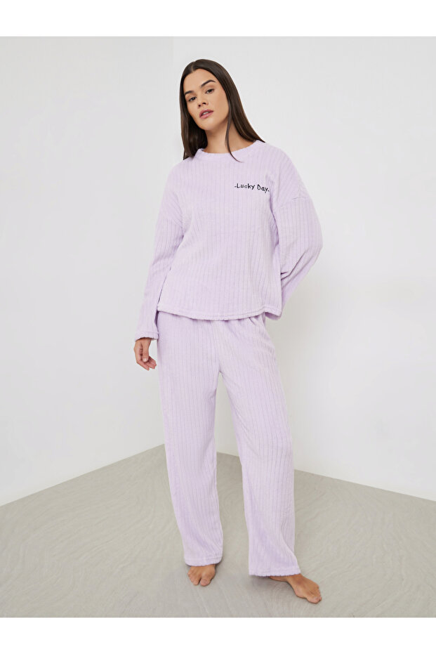 Lilac Self Striped Fleece Long Sleeve Top and Pyjama Set