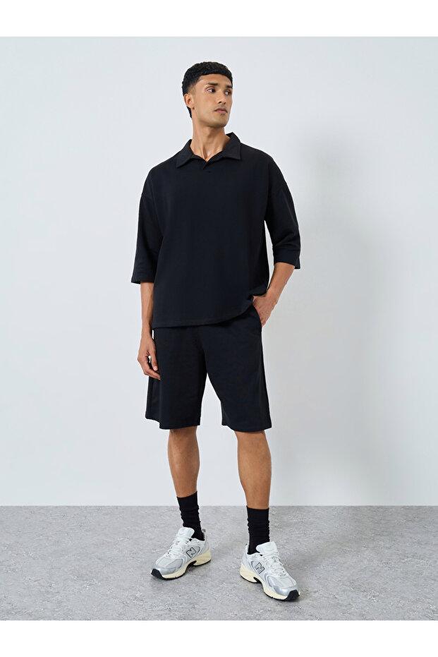 Black Boxy Polo T-Shirt and Shorts Co-ords