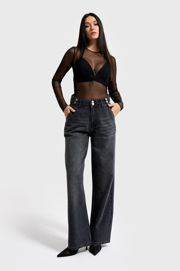 Women's Smoked Color 2W5-1 Wide Leg Fit Loose Fit 100% Cotton Belt Detailed Denim Jean