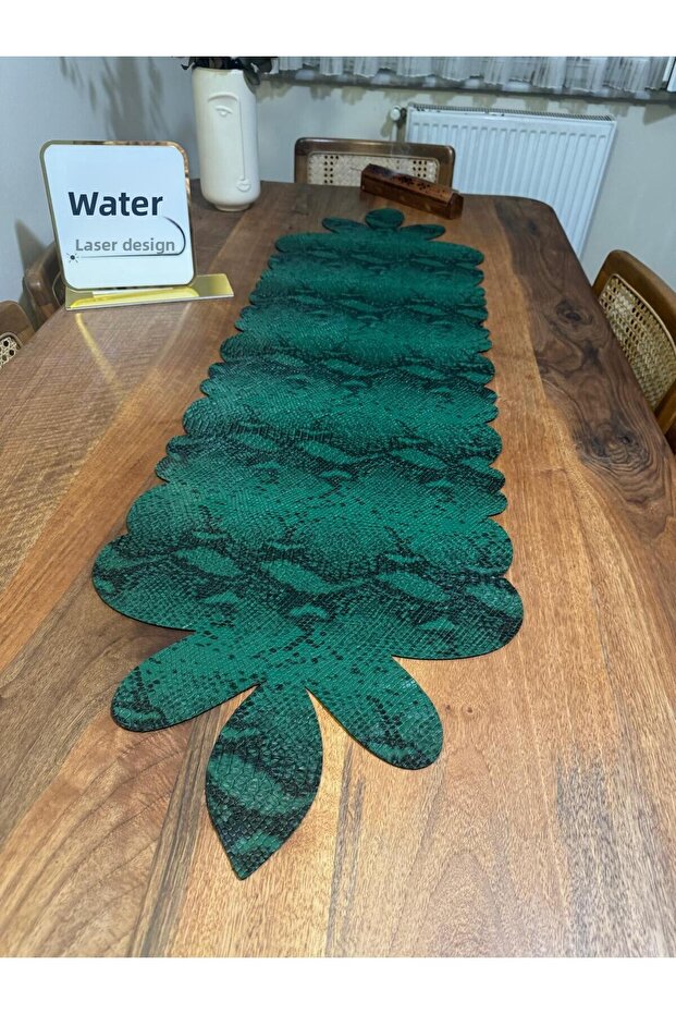 Snake Patterned Green Asymmetrical Faux Leather Runner