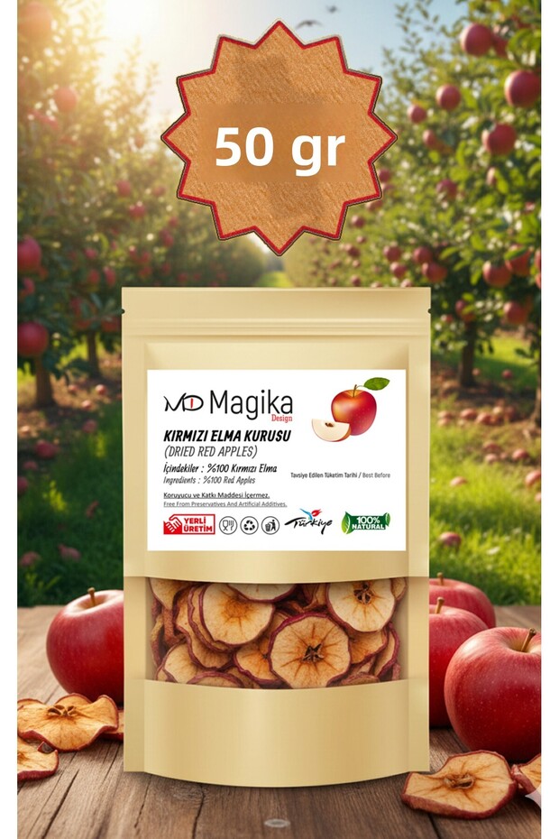 50 Gr Dried Red Apple, No Additives and No Preservatives, Made in Turkey, 100% Natural