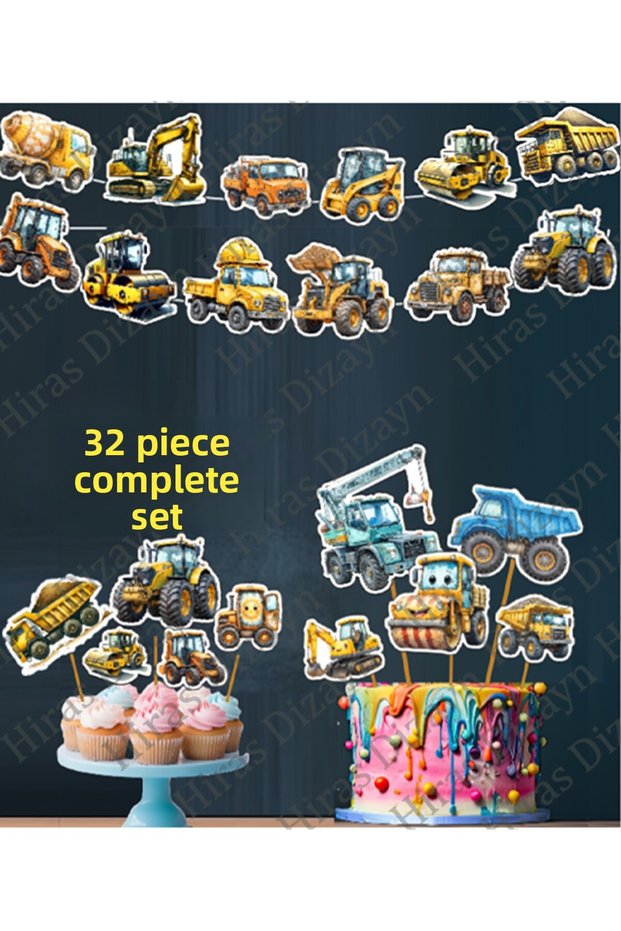 32 Pieces Construction Vehicle Scoop Truck Dozer Scoop Vehicles Banner Cake Picks Cupcake Toppers Set