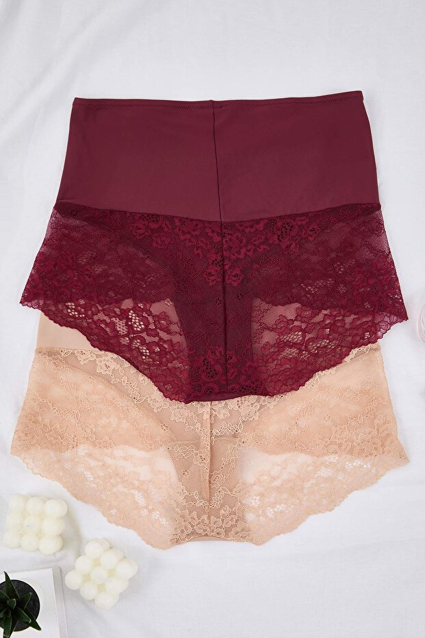 Bordo-Ten 2'li Paket Yüksek Bel Dantelli Yumuşak Örme Esnek Klasik Büyük Beden Külot TBBAW25CM00006 - 6