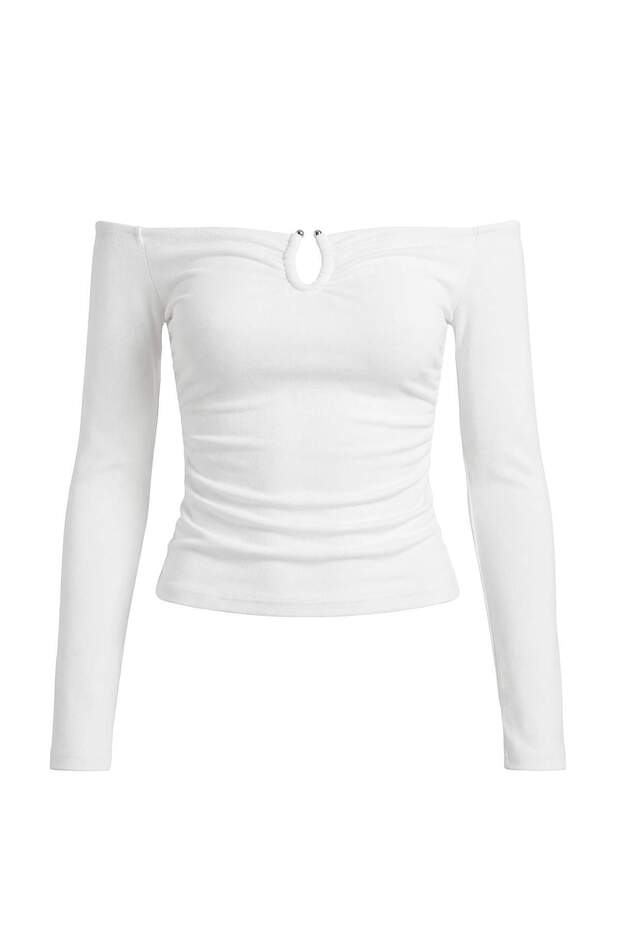 Ekru Fitted/Vücuda Oturan Aksesuar Detaylı Esnek Örme Bluz TWOAW26BZ00356 - 5