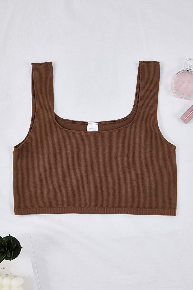 Kahverengi Seamless/Dikişsiz Balensiz Kapsız Esnek Bralette Örme Büyük Beden Sütyen TBBSS23CW00000 - 3