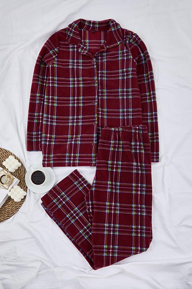 Bordo Ekoseli Gömlek Yaka Polar Büyük Beden Pijama Takımı - 2