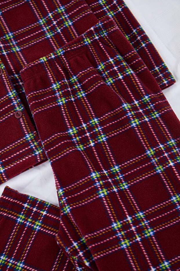 Bordo Ekoseli Gömlek Yaka Polar Büyük Beden Pijama Takımı - 3