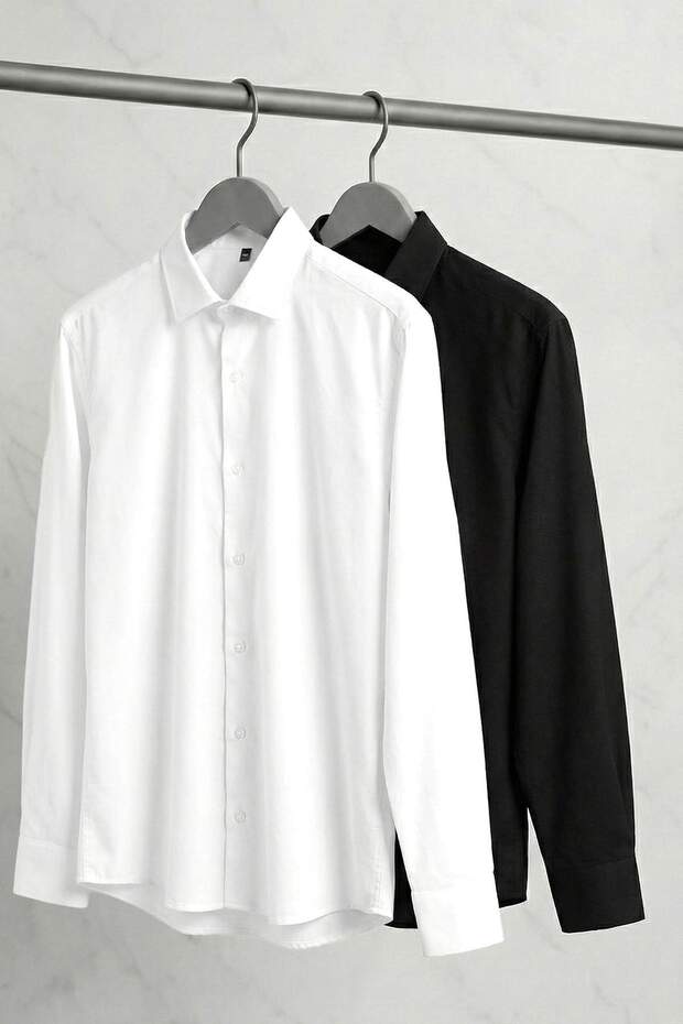 Siyah-Beyaz 2'li Takım Slim Fit Oxford Kolay Ütülenebilir Nefes Alan Erkek Gömlek TMNSS26GO00001 - 5