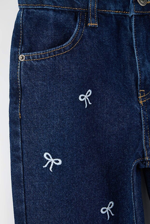 Koyu Mavi %100 Pamuk Nakışlı/İşlemeli Kız Çocuk Denim Jeans TKDAW26JE00011 - 3
