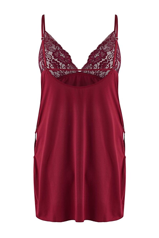 Koyu Vişne Pencere/Cut Out Detaylı İp Askılı Örme Büyük Beden Babydoll TBBAW25DH00000 - 4