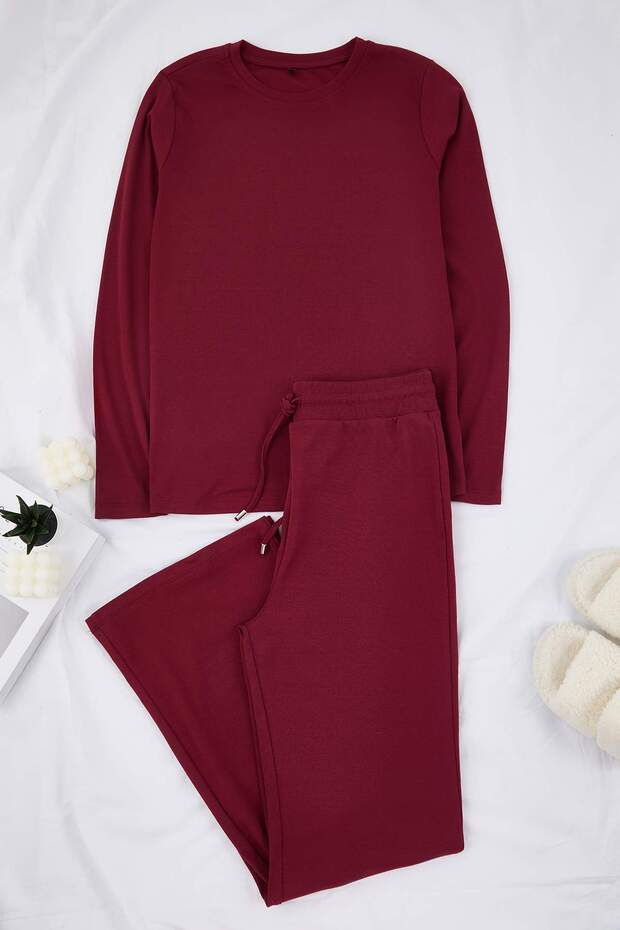 Wardrobe Essentials Bordo Fitted/Vücuda Oturan Fitilli Esnek Örme Alt-Üst Takım TBBAW26CP00010 - 2