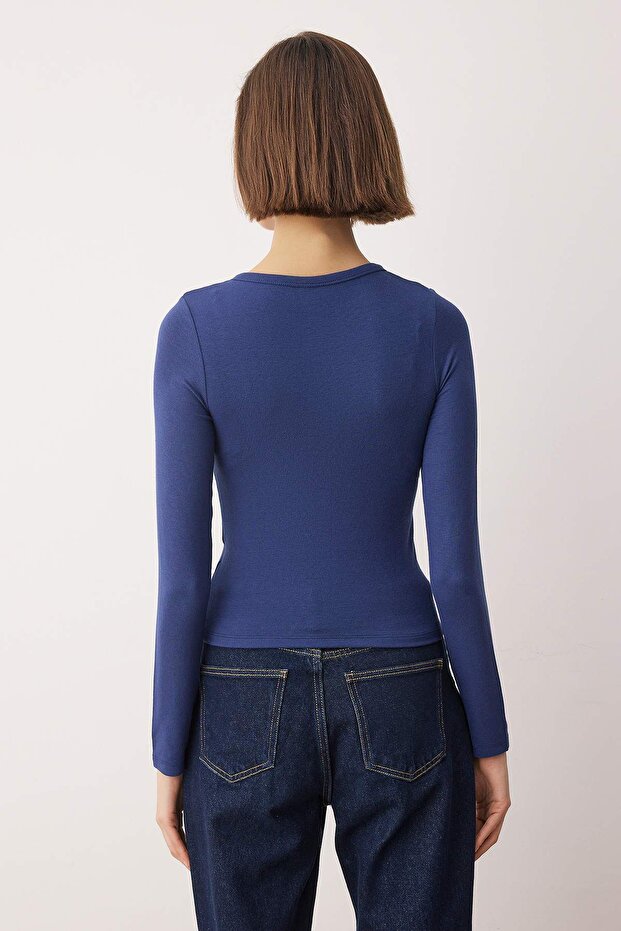 Lacivert Önü Full Çıtçıtlı Fitted/Vücuda Oturan Örme Bluz TWOAW26BZ00193 - 4