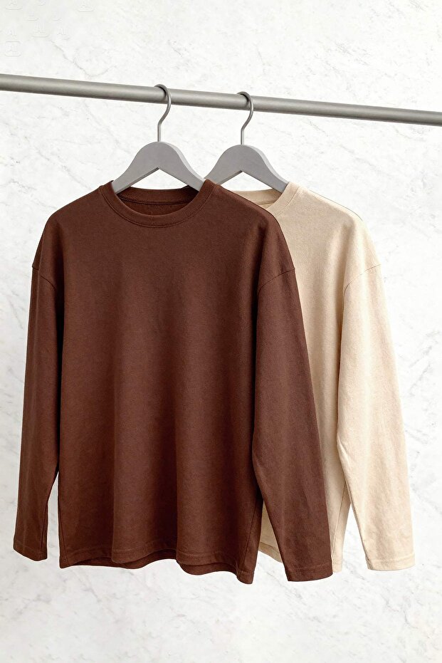 Kahverengi-Bej 2'li Paket %100 Süprem Regular/Normal Kalıp Örme T-Shirt TBBAW26BF00007 - 6