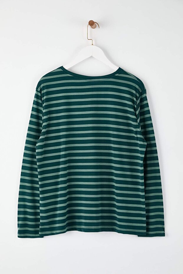 Yeşil Çizgili Regular/Normal Kalıp Basic Bisiklet Yaka Örme T-Shirt TBBAW26BF00003 - 4
