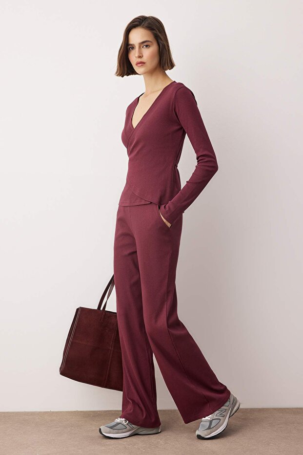 Bordo Anvelop Wideleg/Geniş Paça Örme Alt-Üst Takım TWOAW26AU00030 - 1