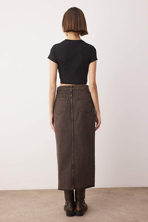 More Sustainable Kahverengi Yırtmaçlı Maxi Denim Etek TWOSS23ET00290 - 4