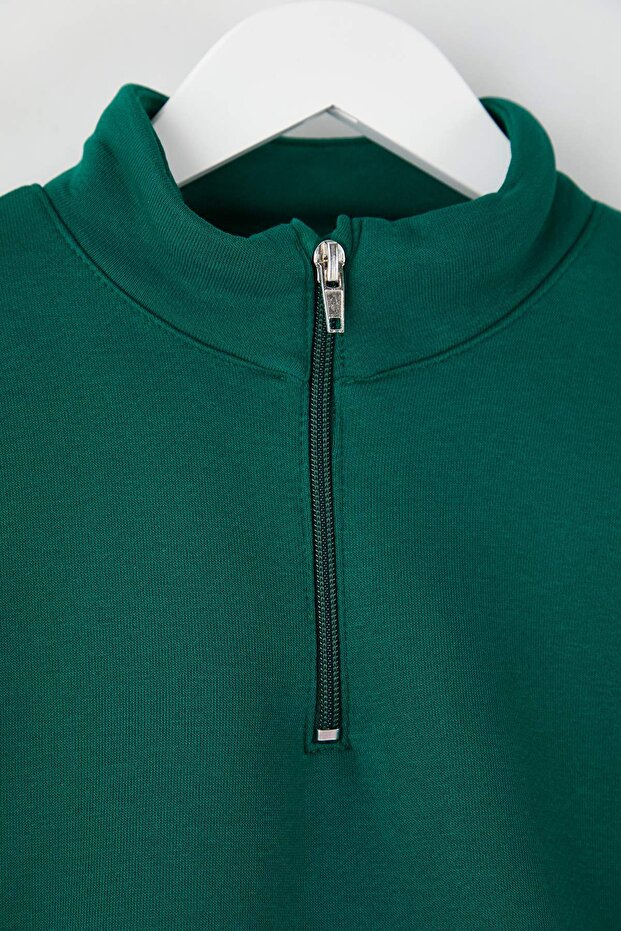 Zümrüt Yeşili Pamuklu Düz/Basic Dik Yaka Regular Örme Erkek Çocuk Sweatshirt TKDAW26SW00008 - 3