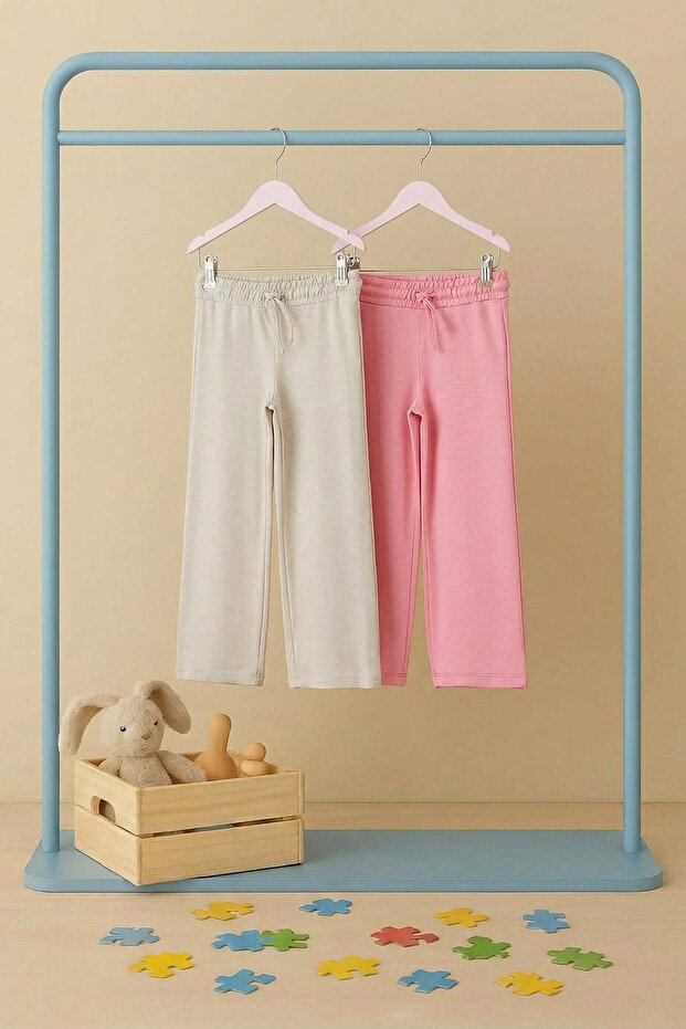 Gri-Pembe 2'li Düz/Basic Beli Lastikli Örme Kız Çocuk Pantolon TKDAW26TA00002 - 2